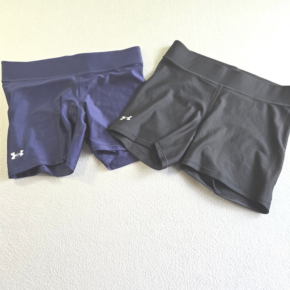 Under Armour Compression Shorts Womens Large Black Navy Blue 2-Pack HeatGear 4in